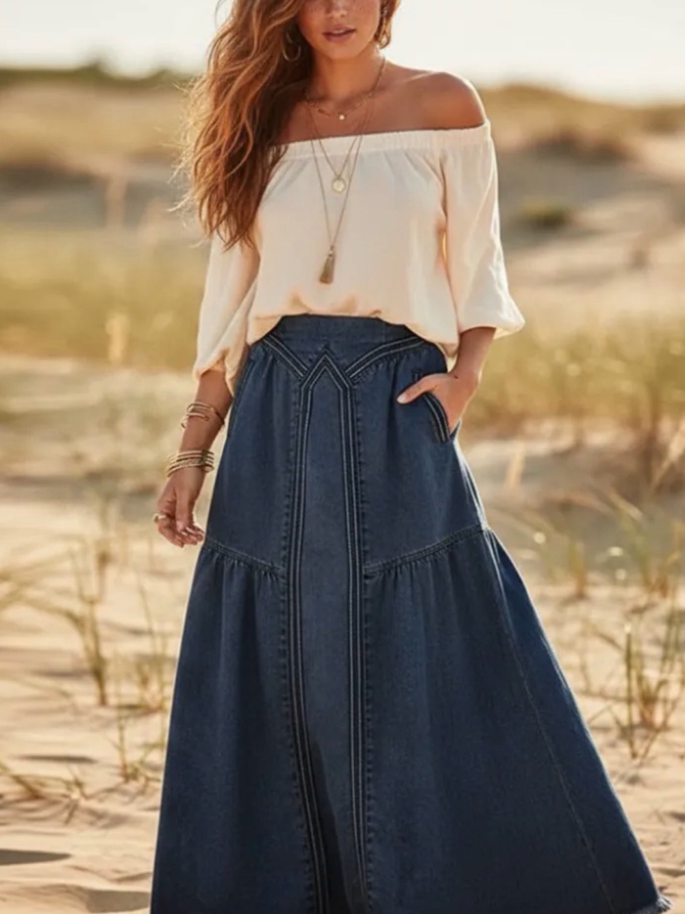Women’s Dark Blue Denim Maxi Skirt with Front Panel Detail
